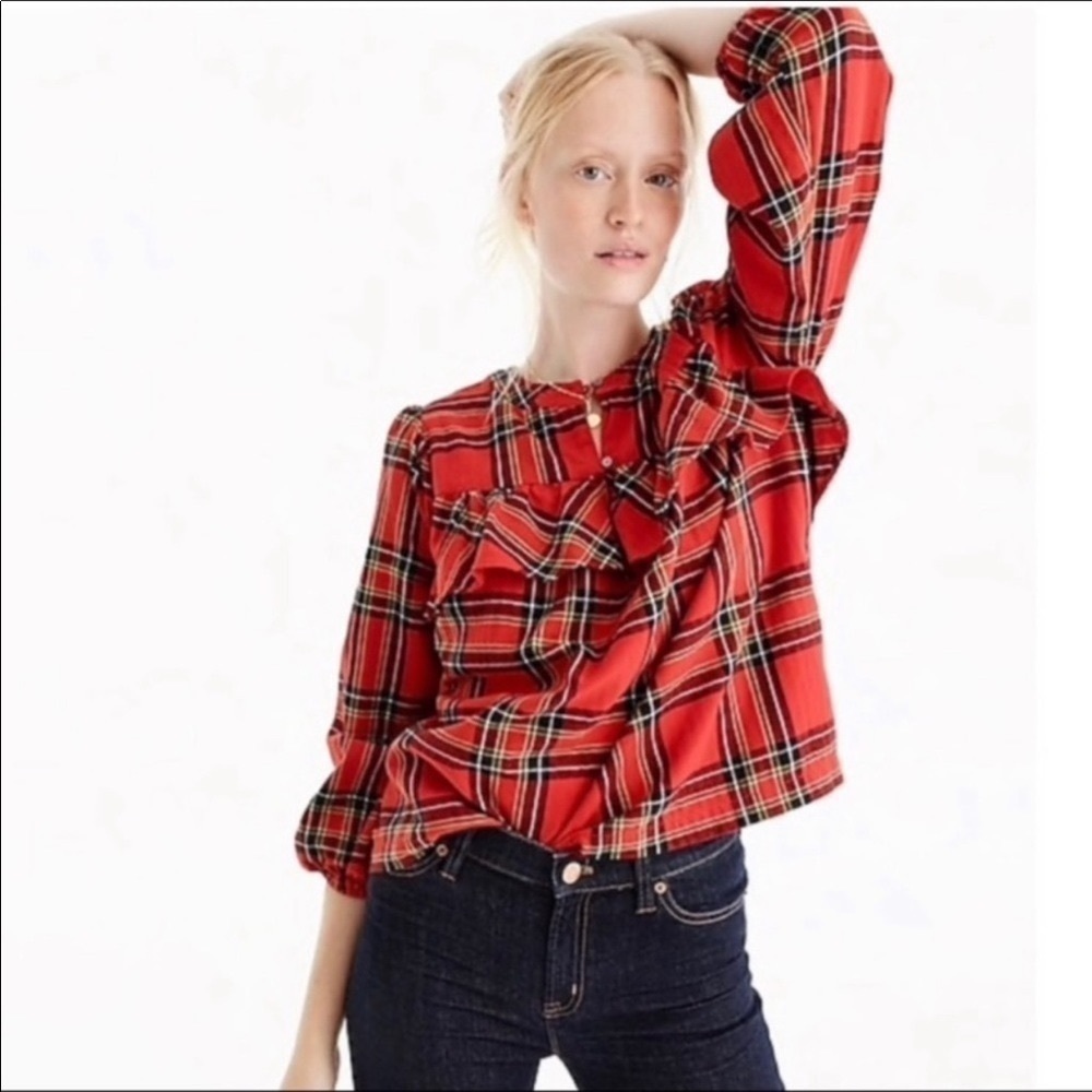 J. Crew Plaid Ruffled Top in Festival Red Small - Picture 3 of 12